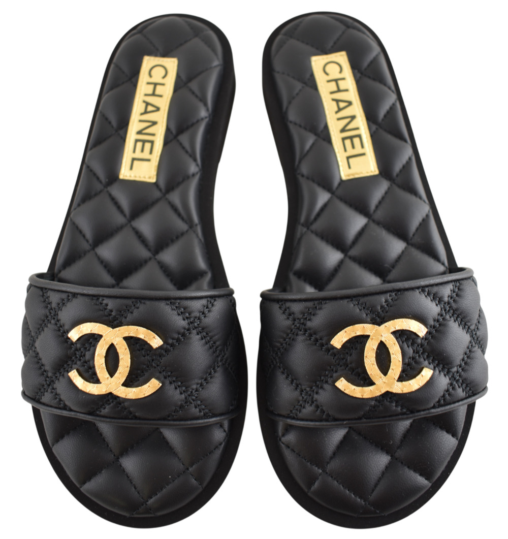 Chanel REV Black Quilted Leather Gold Logo Mule Slide Sandal Flip Flop Flat 35